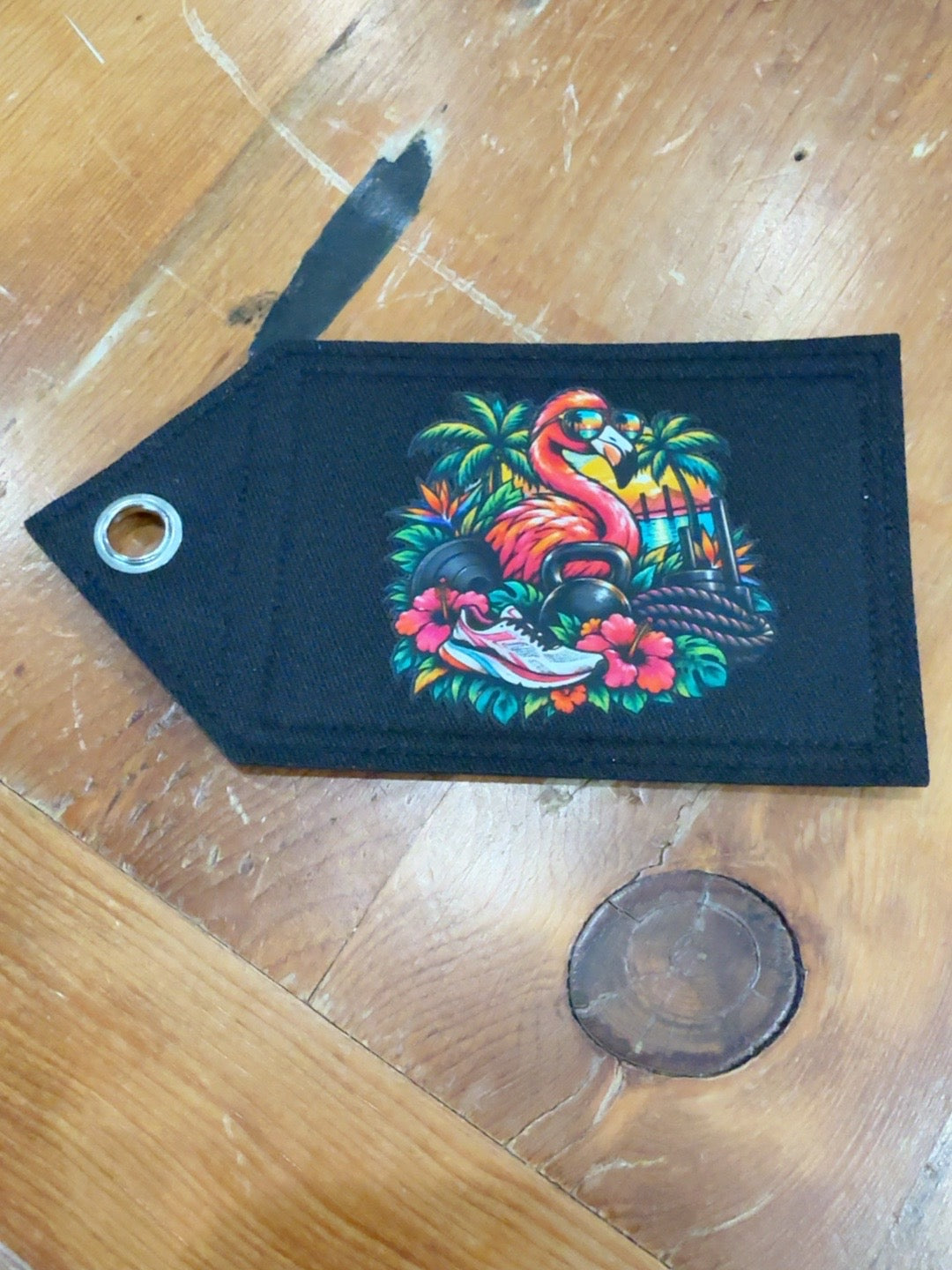 Tampa Tropical Flamingo black Patch Tag with palm trees, hibiscus, sunset, running shoe and kettlebell