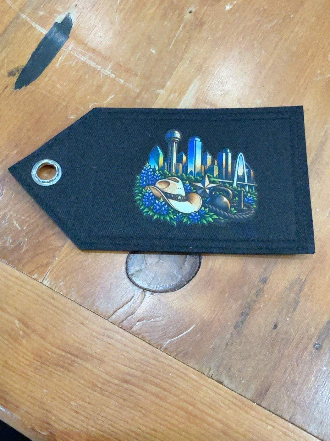 Dallas Patch Tag with skyline, Reunion Tower, cowboy hat, bluebonnets and fitness equipment