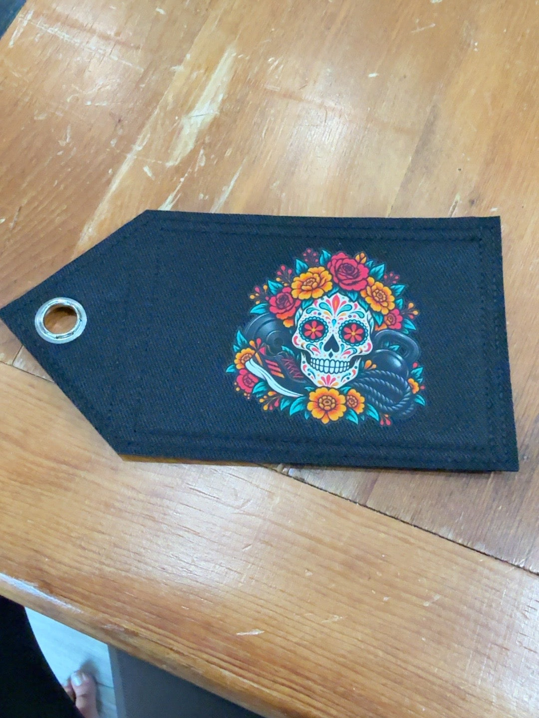 Mexico City sugar skull design printed on black Patch Tag with metal eyelet